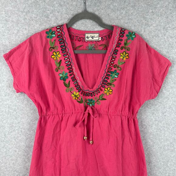 Zen Ethic Embroidered Mini Dress Size Small Pink Ruffle Dress Tunic Hippie Boho - Picture 5 of 10